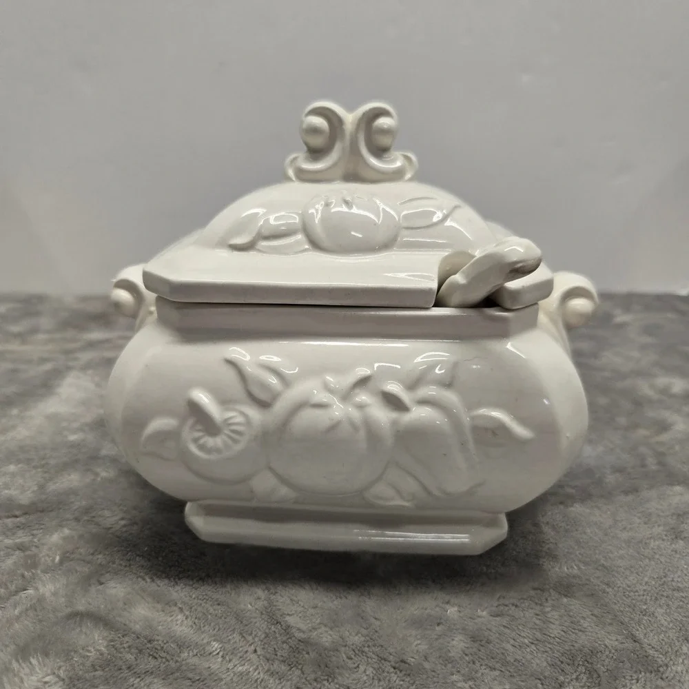 Vintage White Ceramic Fruit Embossed Tureen with Lid and Ladle‎ Made in Japan